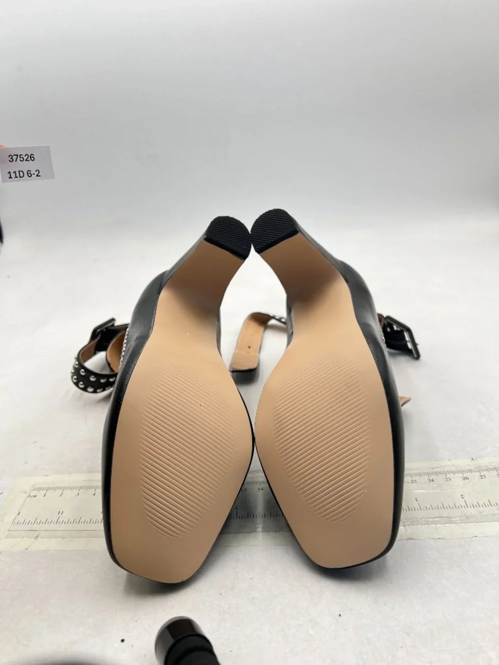 YDN Black Studded Block Heel Pumps Square Toe Ankle Strap High Heels Edgy Shoes